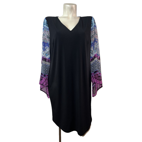 CHICO'S Dress Size L (2) Solid V-neck Black w/Paisley Print Sheer Sleeve Tunic - Picture 1 of 6